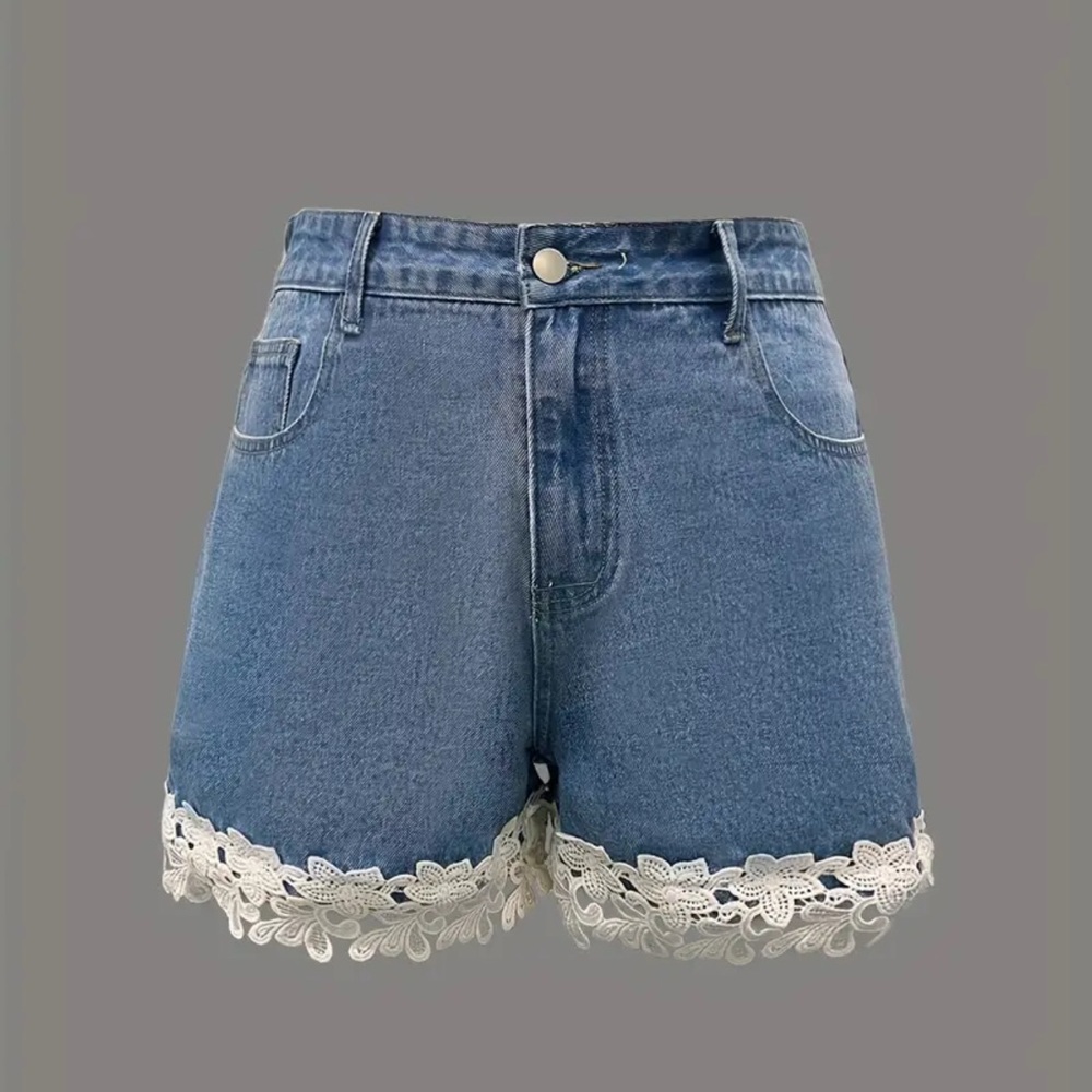 Denim Lace Trim Women Shorts